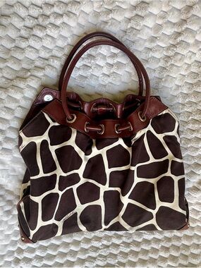 Michael Kors giraffe print canvas, leather trim designer, Gromit detail